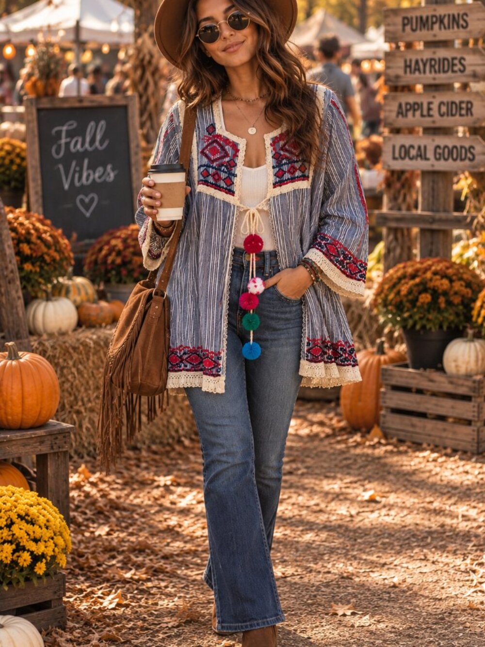 Velzera Boho Embroidered Jacket Womens L Striped Pom Pom Tassel Open Front